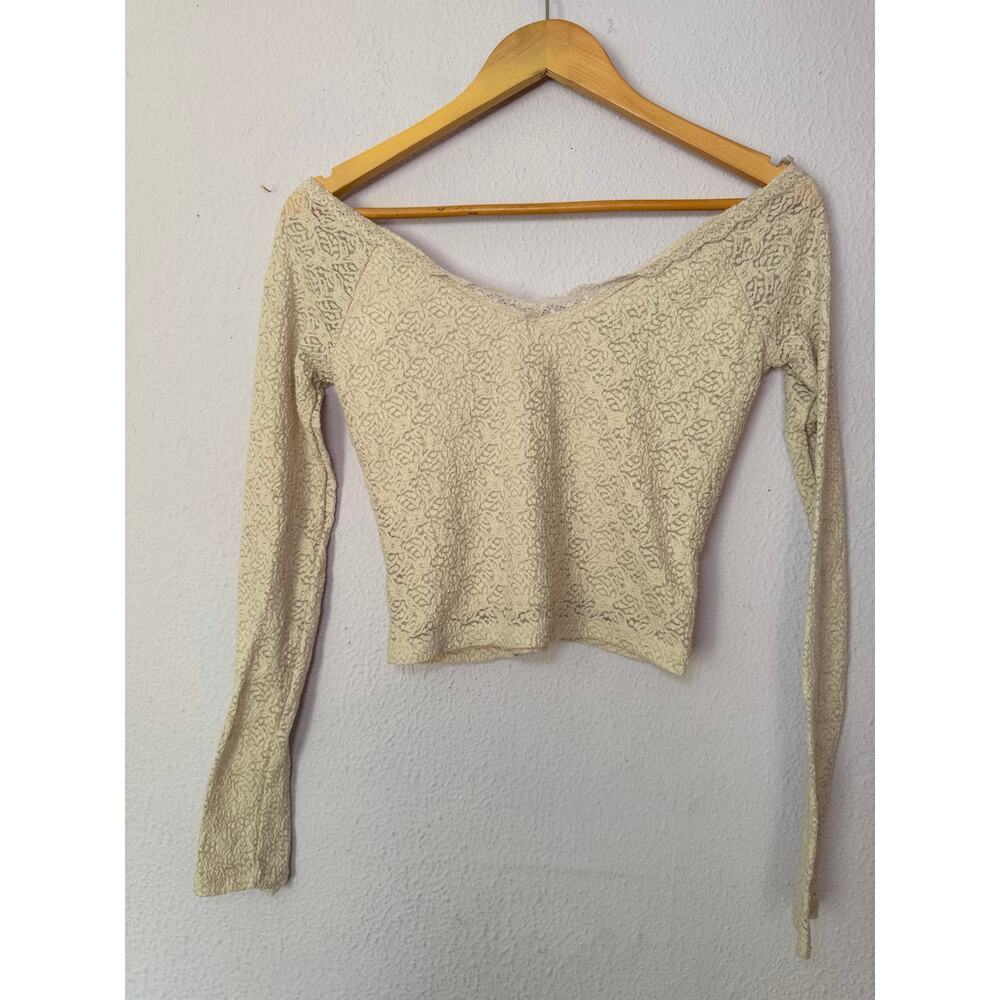 No Boundaries Lace V-Neck Crop Top with Long Sleeves Boho Beige Womens Small - Picture 4 of 10
